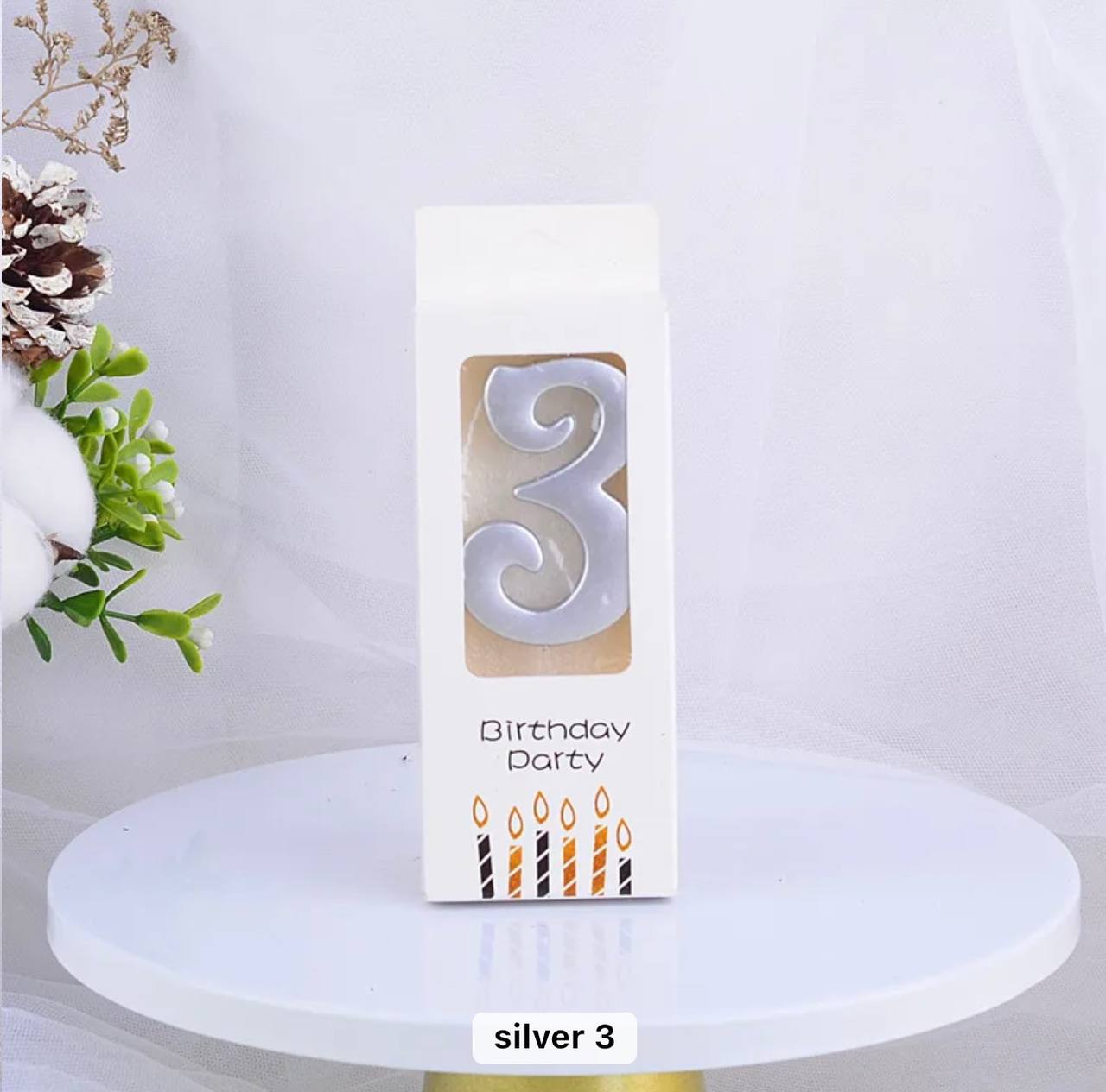 Svjećica za tortu broj 3, srebrna, Elegant, 5,5 cm