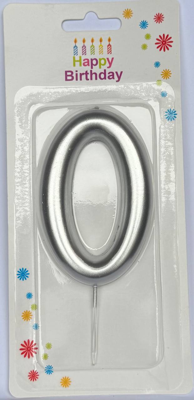 Svjećica za tortu broj 0, srebrna, 9 cm