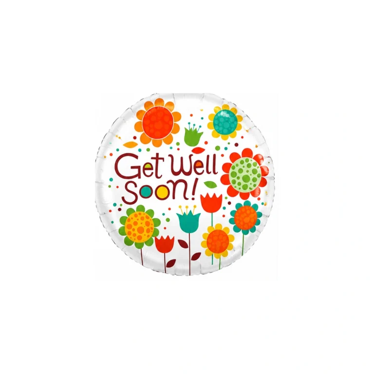 Okrugli folijski balon – Get Well Soon s cvijećem, 18″