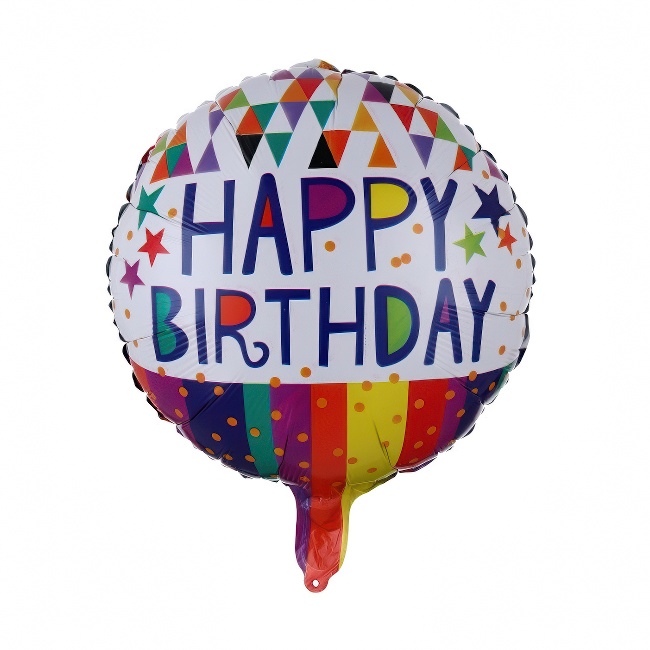 Okrugli folijski balon – Happy Birthday, šareni trouglovi, 18″