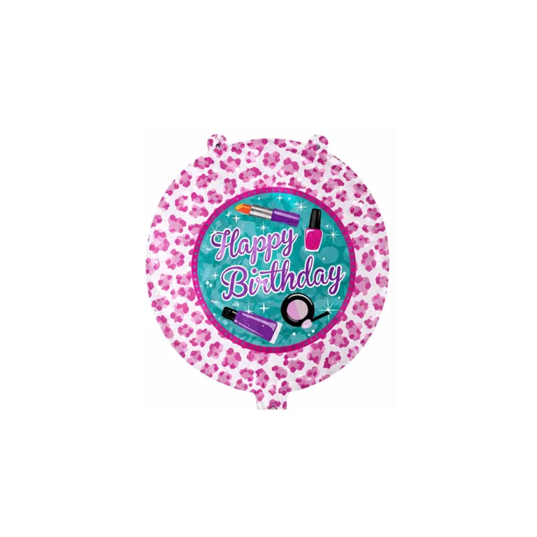 Okrugli folijski balon – Happy Birthday, šminka i leopard uzorak, 18″