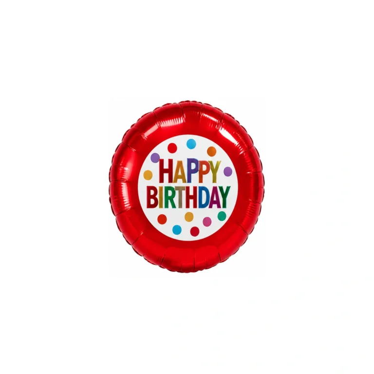 Okrugli folijski balon Happy Birthday – crveni s tufnama, 18″
