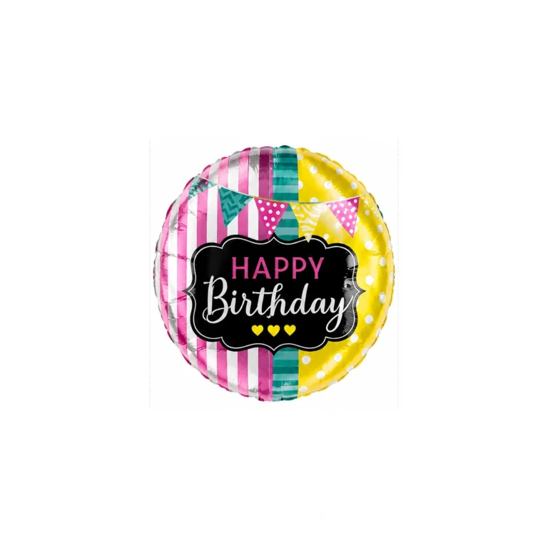 Okrugli folijski balon – Happy Birthday, šarene zastavice, 18″