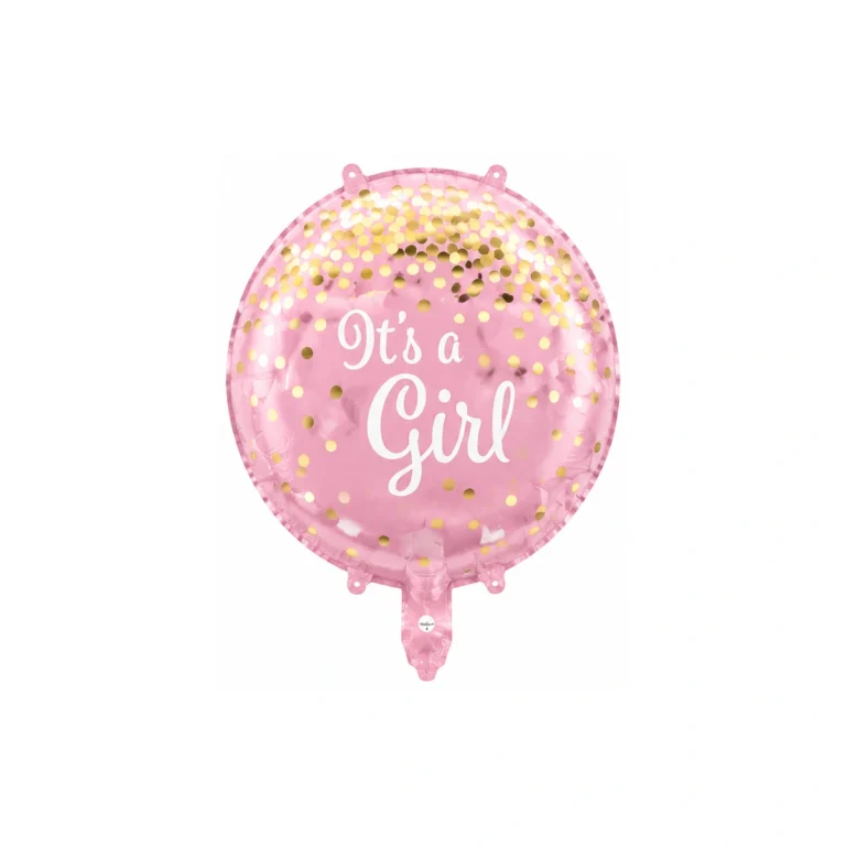 Okrugli folijski balon – It's a Girl, zlatne konfete, 18″