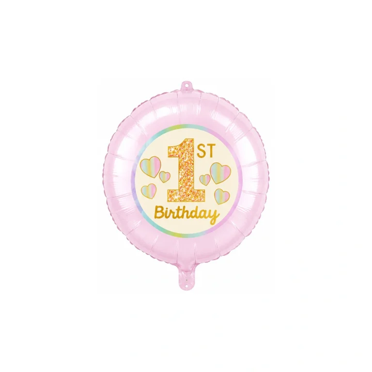Okrugli folijski balon – prvi rođendan, roza srca, 18″
