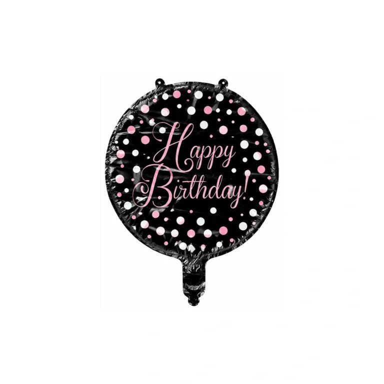 Okrugli folijski balon – Happy Birthday, crni s rozim tufnama, 18″