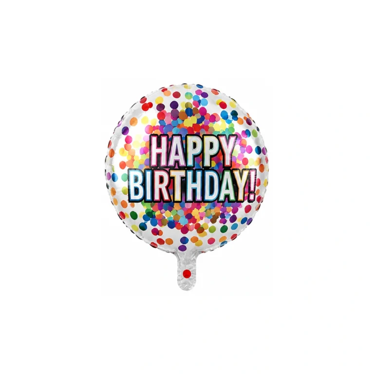 Okrugli folijski balon – Happy Birthday, šarene konfete, 18″