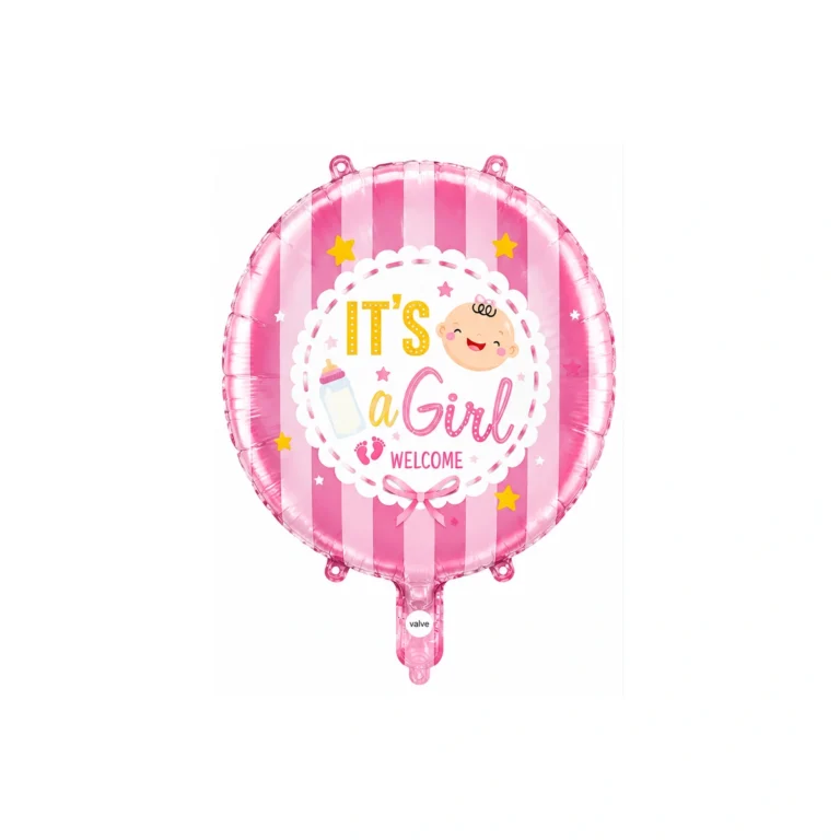 Okrugli folijski balon – It's a Girl Welcome, roze pruge