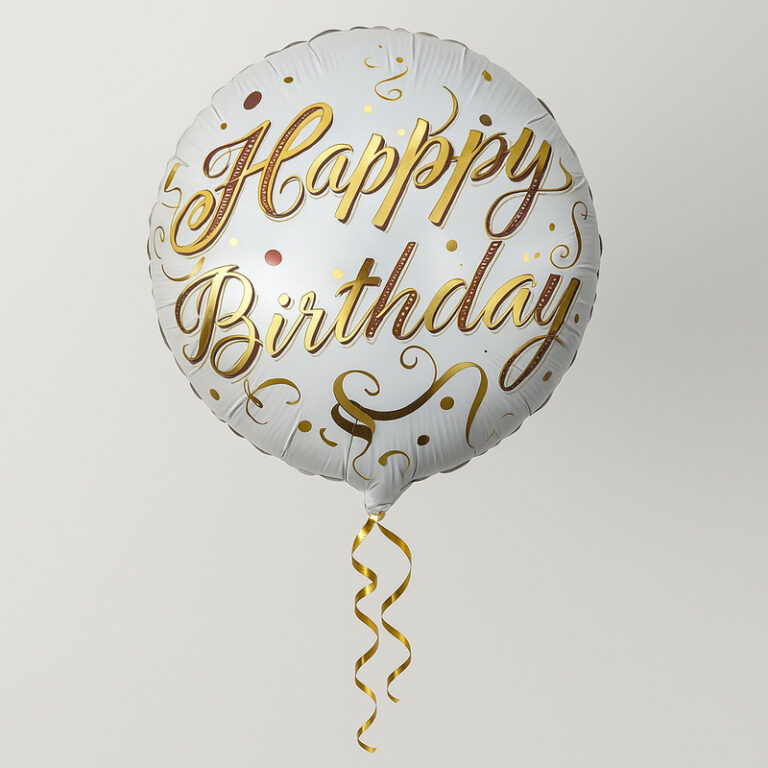 Folijski balon Happy Birthday – bijeli sa zlatnim ukrasima